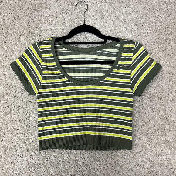 Offline Aerie Cropped Top Tee Shirt Womens Medium Green Striped Slim Stretch - Picture 1 of 9